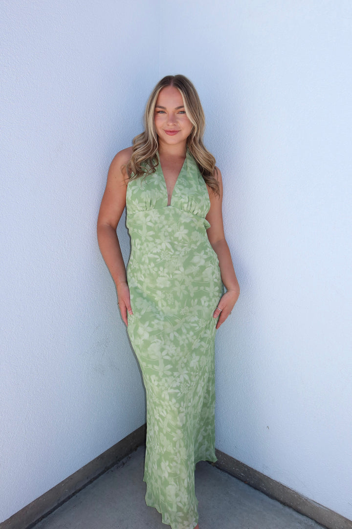 The Sage Jacquard Halter Maxi Dress