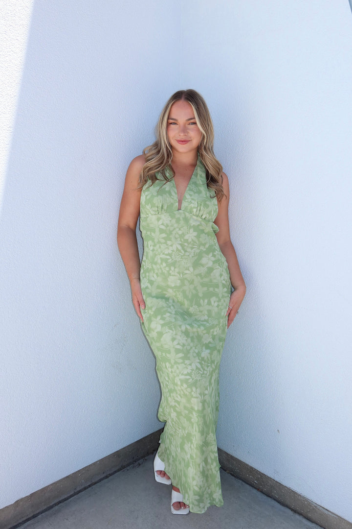 The Sage Jacquard Halter Maxi Dress