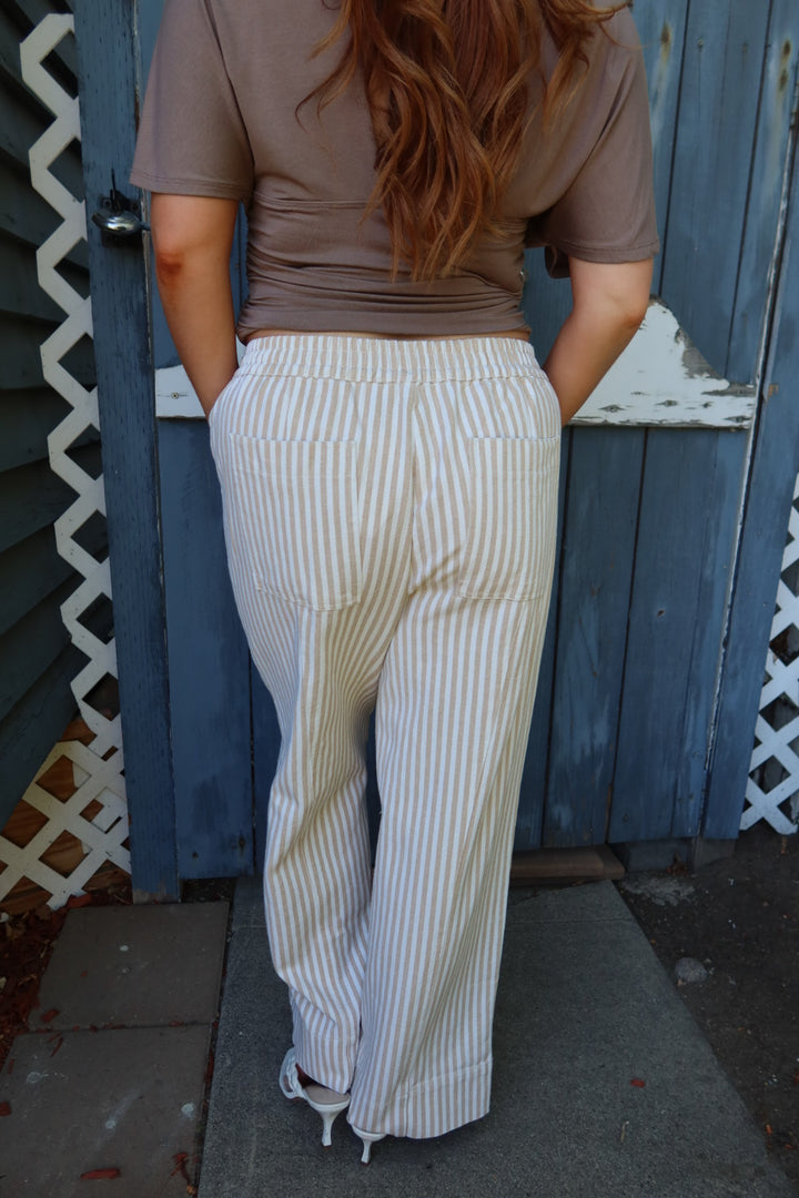 Kozetta Striped Drawstring Pants — Taupe