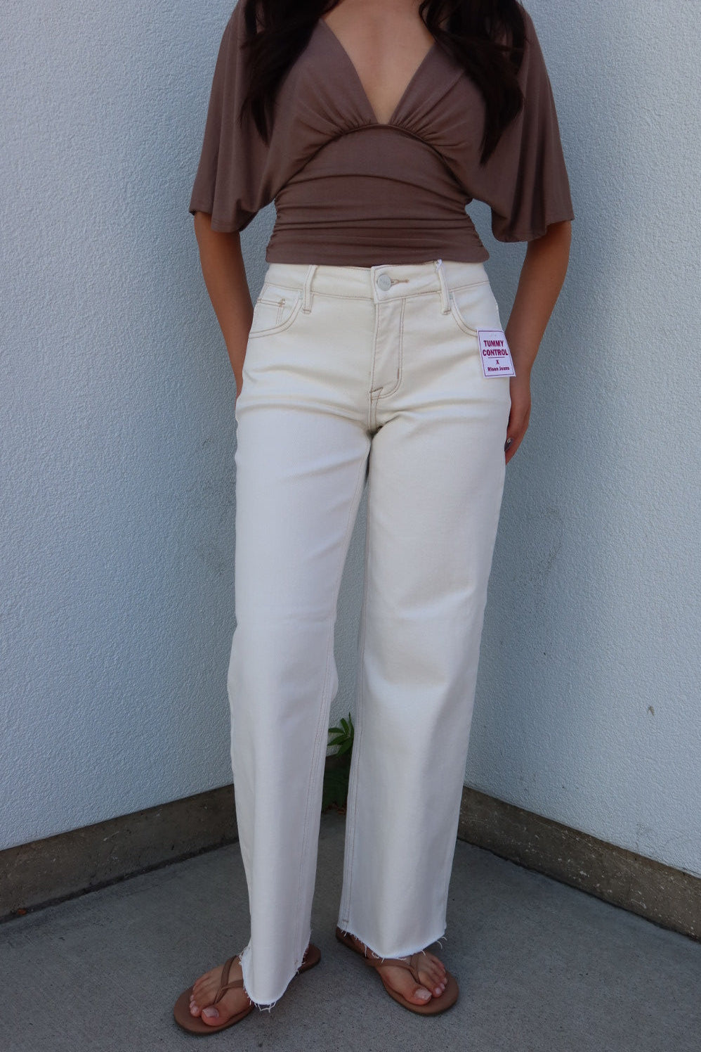 Risen Mid Rise Ankle Straight Raw Hem Pants — Cream