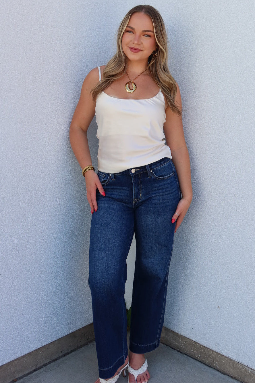 Risen Mid Rise Ankle Wide Leg Jeans - Dark Wash