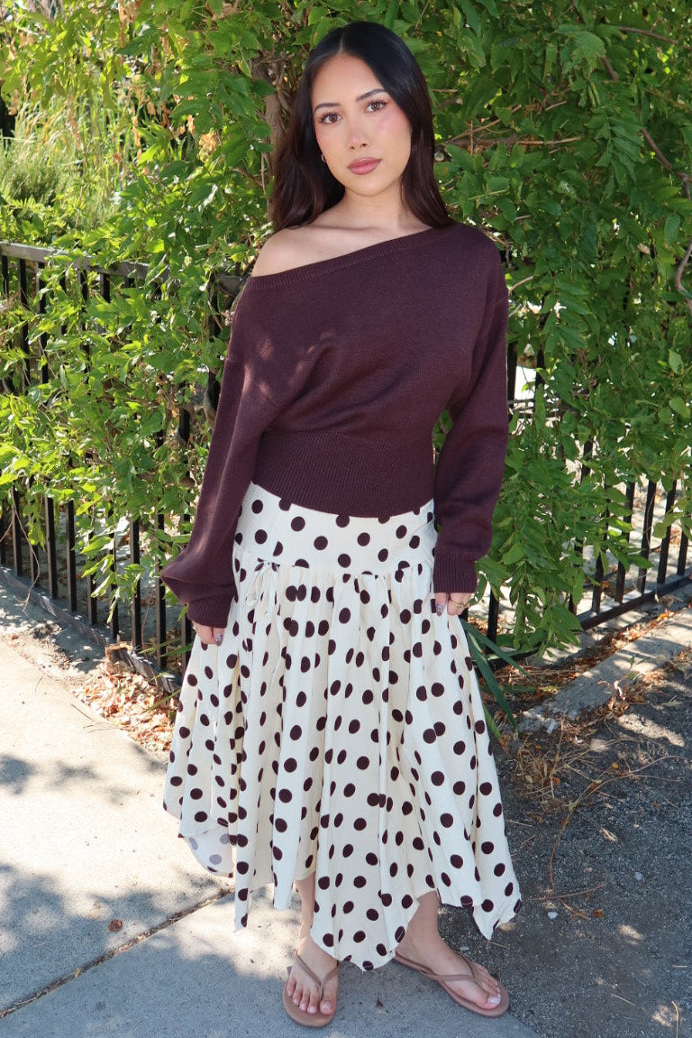 Cielo Polka Dot Drop Waist Midi Skirt