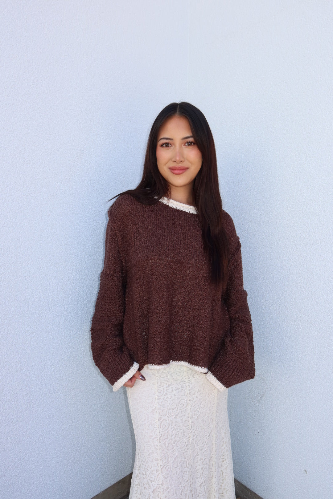 Caldwell Contrast Trim Knit Sweater - Brown