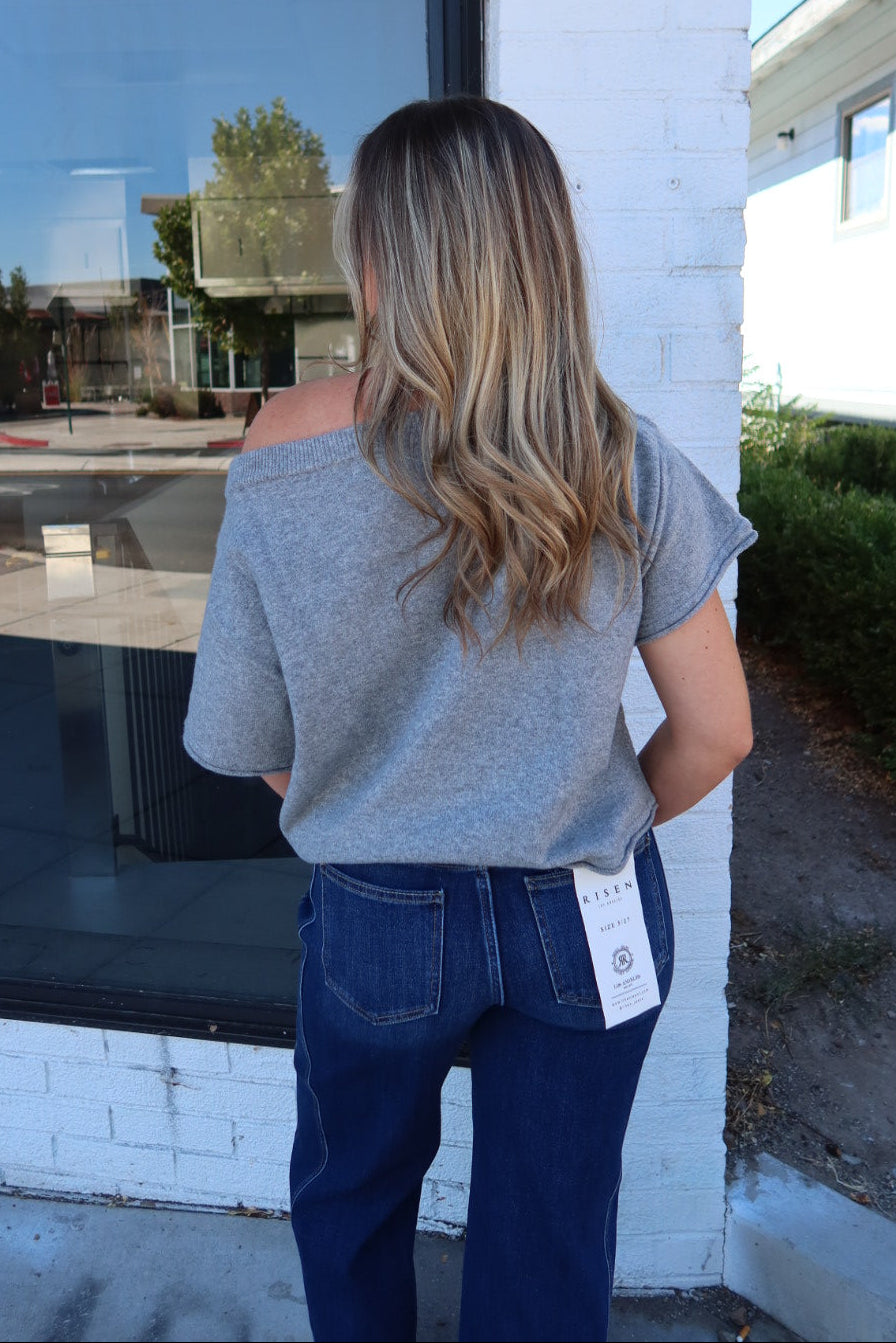 Dunes Asymmetrical Boxy Short Sleeve Top - Gray