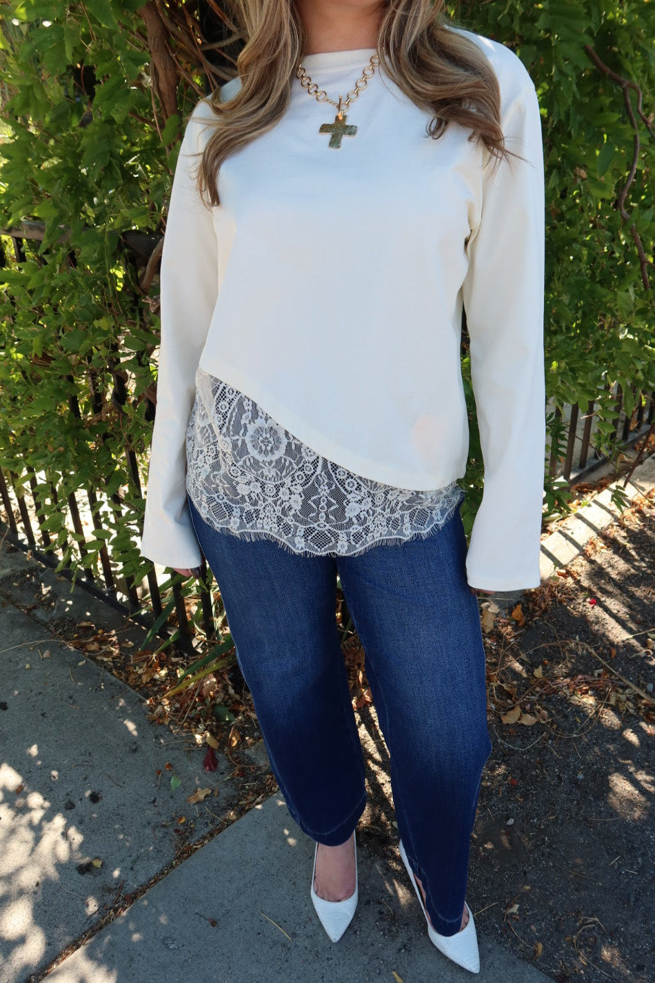 Charlie Asymmetric Lace Trim Top - Cream