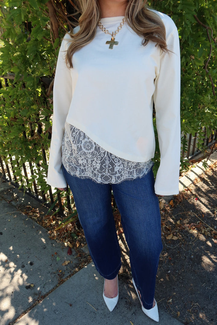 Charlie Asymmetric Lace Trim Top - Cream