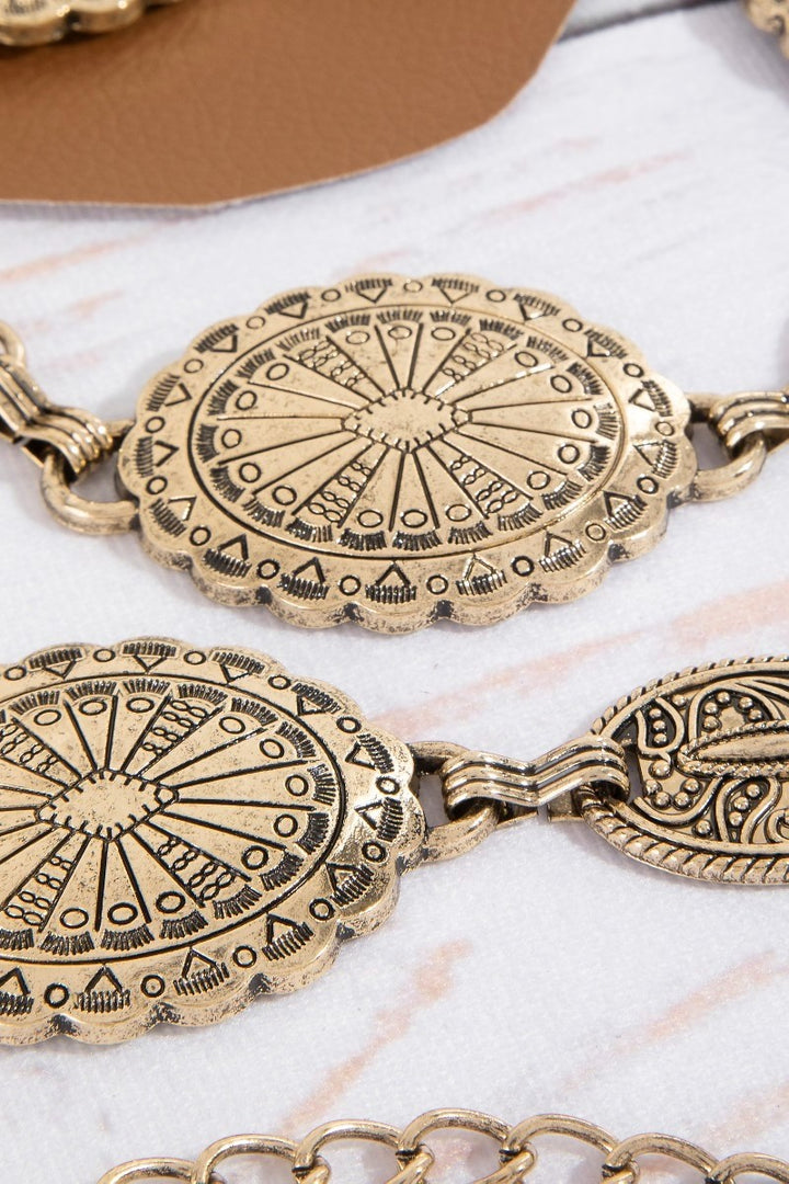 The Concho Disc Chain Belt in Antique Gold - Close-Up Detail of Mandala Sunburst Engraved Concho Discs & Oval Charm Connector Links