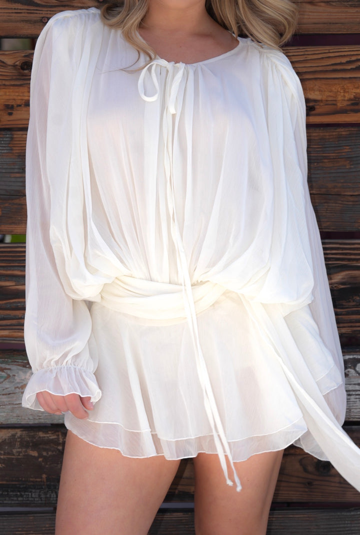 Ivory Crinkle Chiffon Billowy Long Sleeve Mini Dress