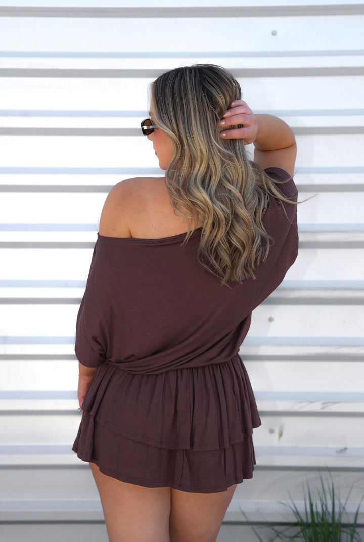Chocolate Brown Boat Neck Gold Eyelet Tiered Mini Dress