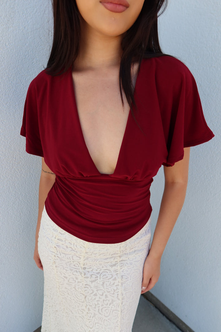 Renada Short Sleeve V-Neck — Burgundy