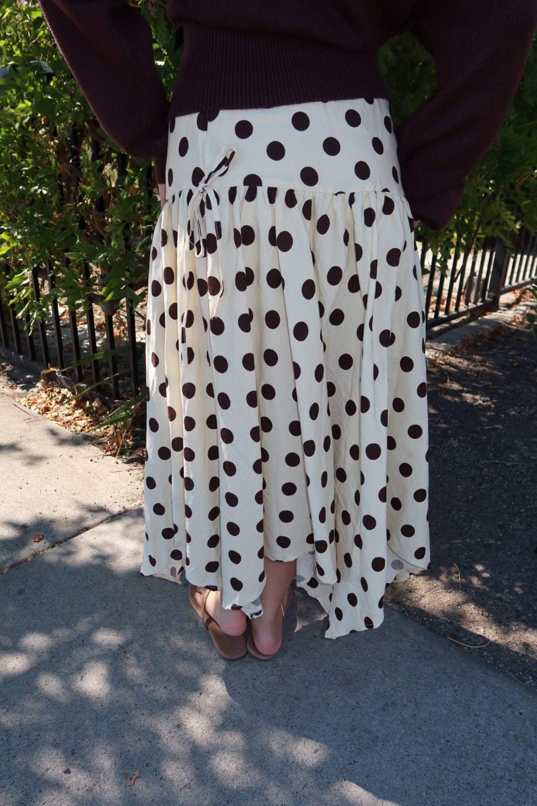 Cielo Polka Dot Drop Waist Midi Skirt