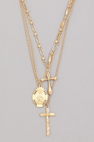 LAYERED METALLIC CROSS NECKLACE