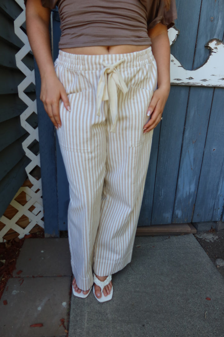 Kozetta Striped Drawstring Pants — Taupe