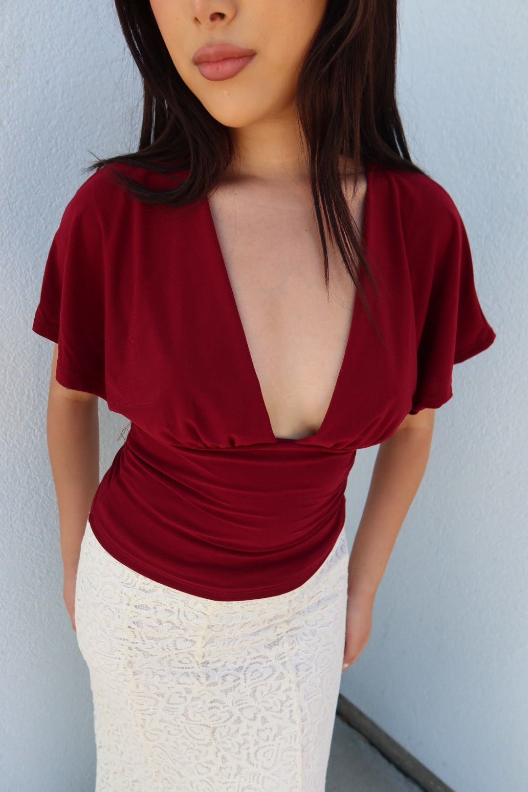 Renada Short Sleeve V-Neck — Burgundy