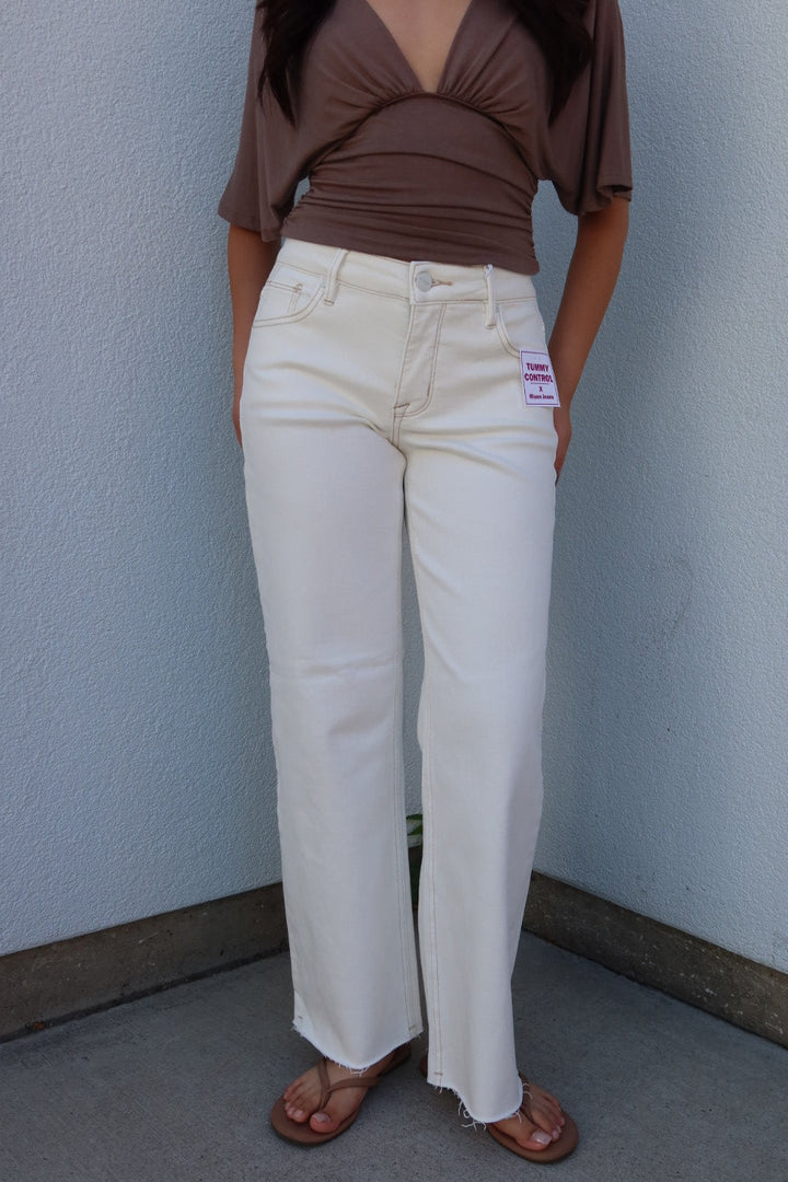 Risen Mid Rise Ankle Straight Raw Hem Pants — Cream