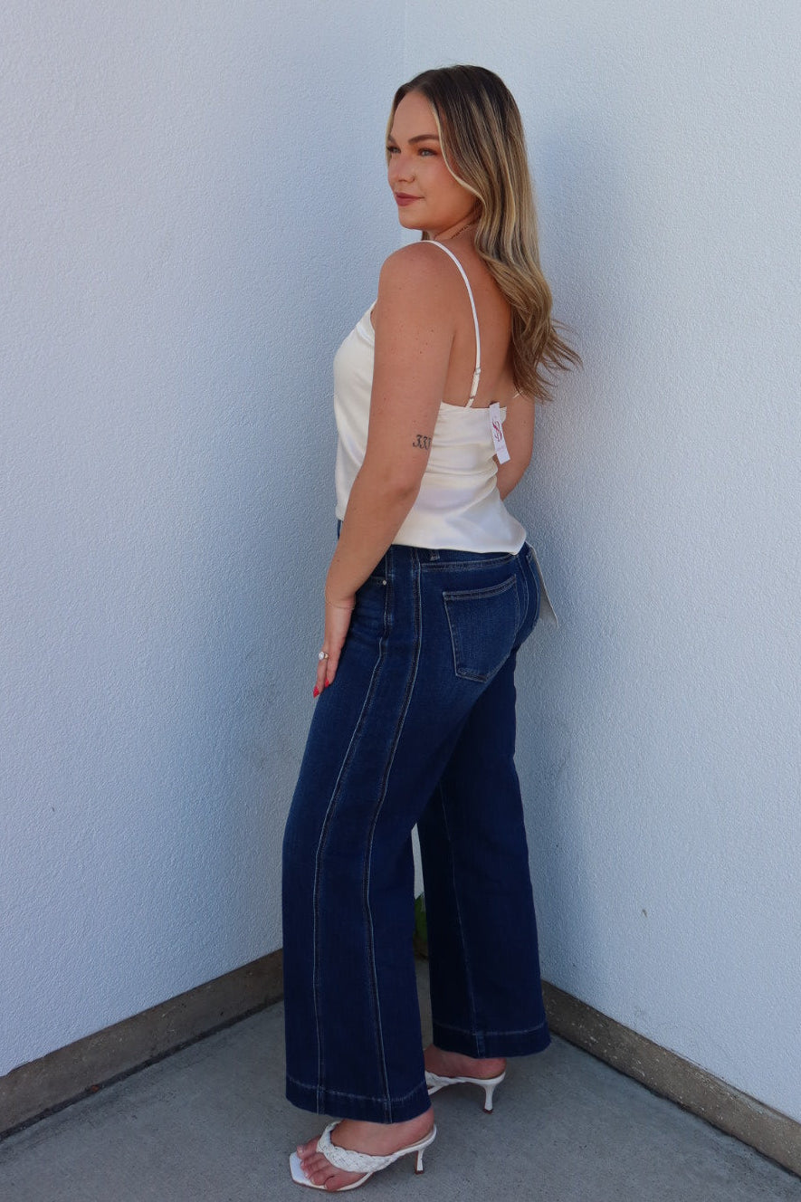 Risen Mid Rise Ankle Wide Leg Jeans - Dark Wash