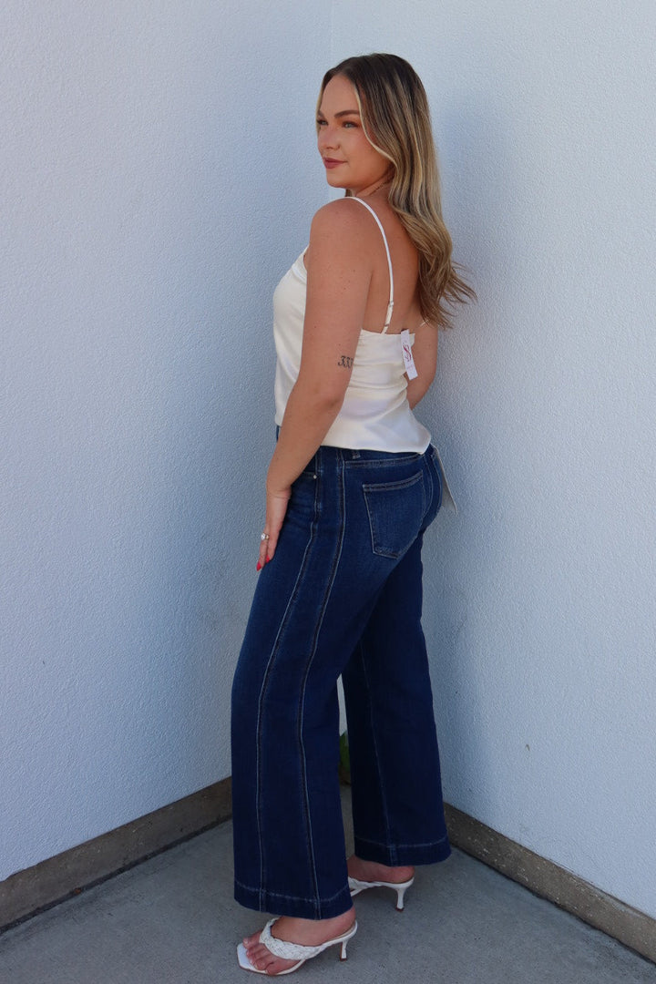 Risen Mid Rise Ankle Wide Leg Jeans - Dark Wash