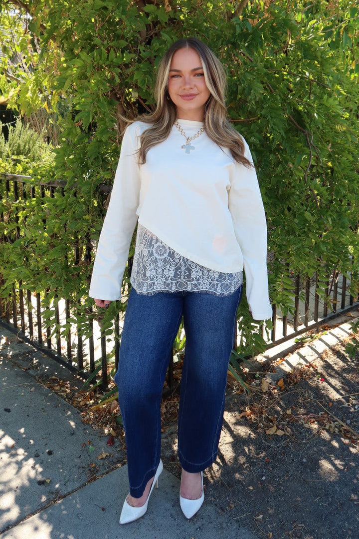 Charlie Asymmetric Lace Trim Top - Cream