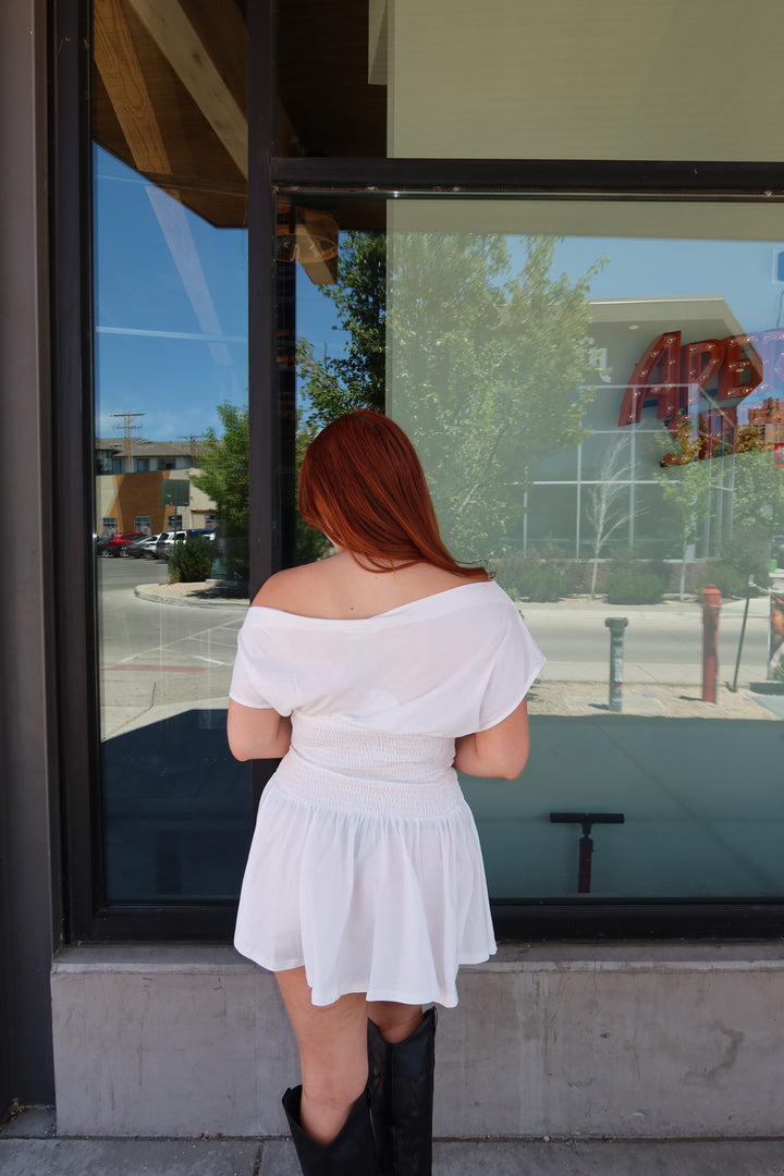 The Asha Off-Shoulder Smocked Mini Dress