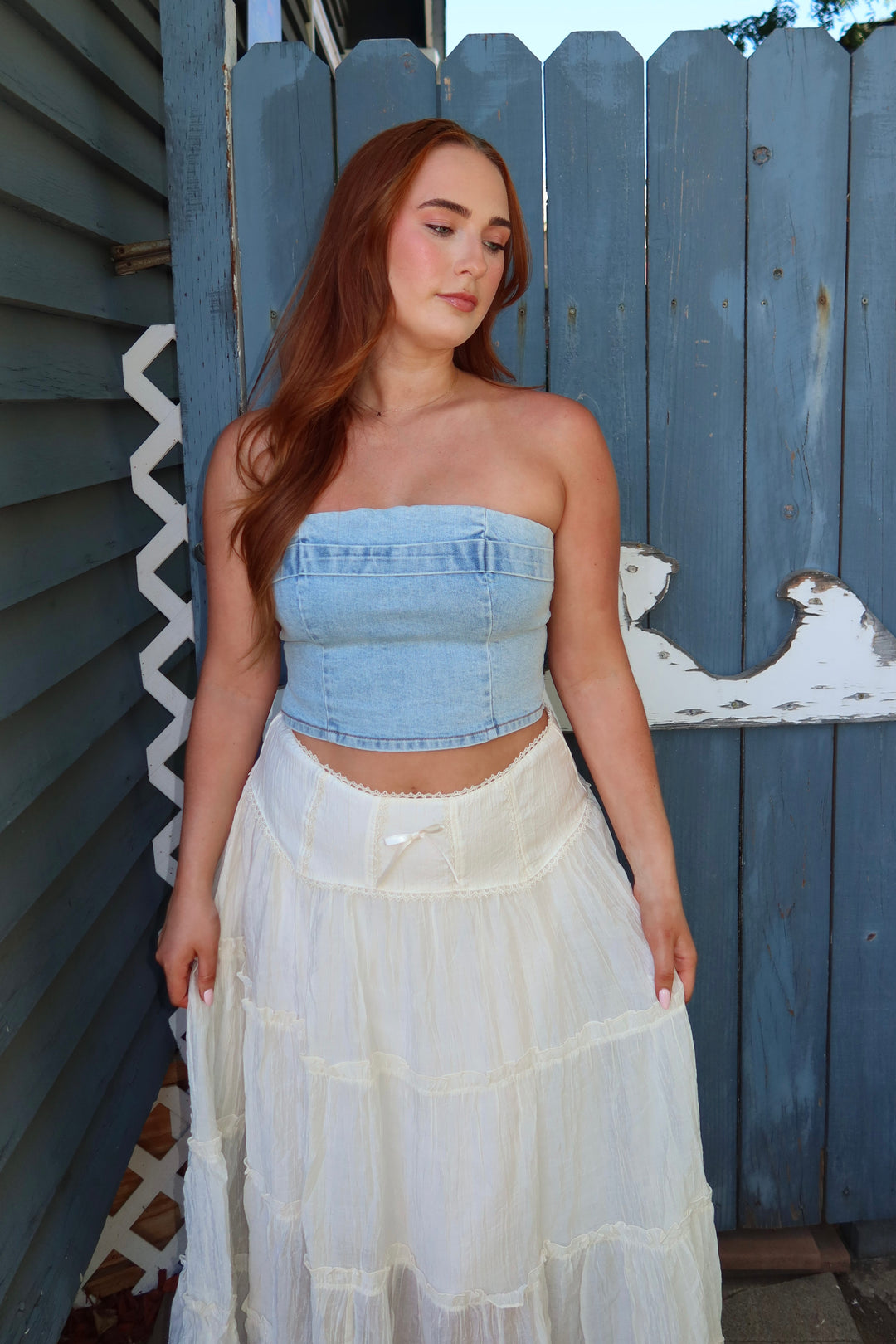 The Marina Denim Strapless Corset Top