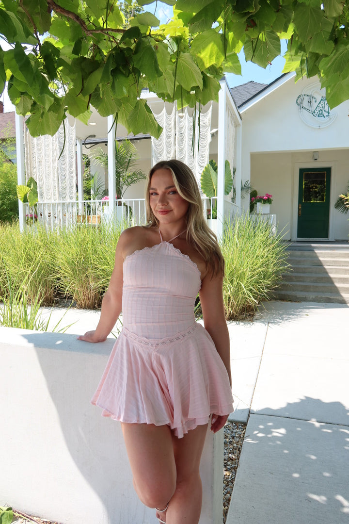 The Jorgie Lace Trim Halter Mini Dress — Blush