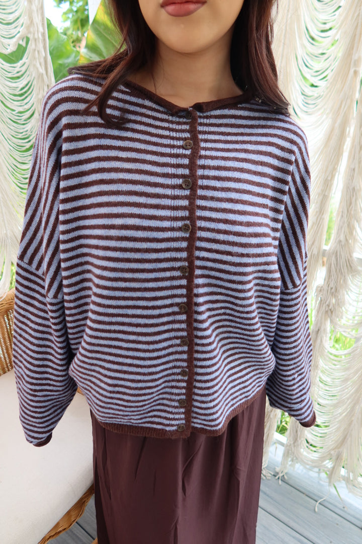 Kiera Striped Long Sleeve Cardigan — Blue