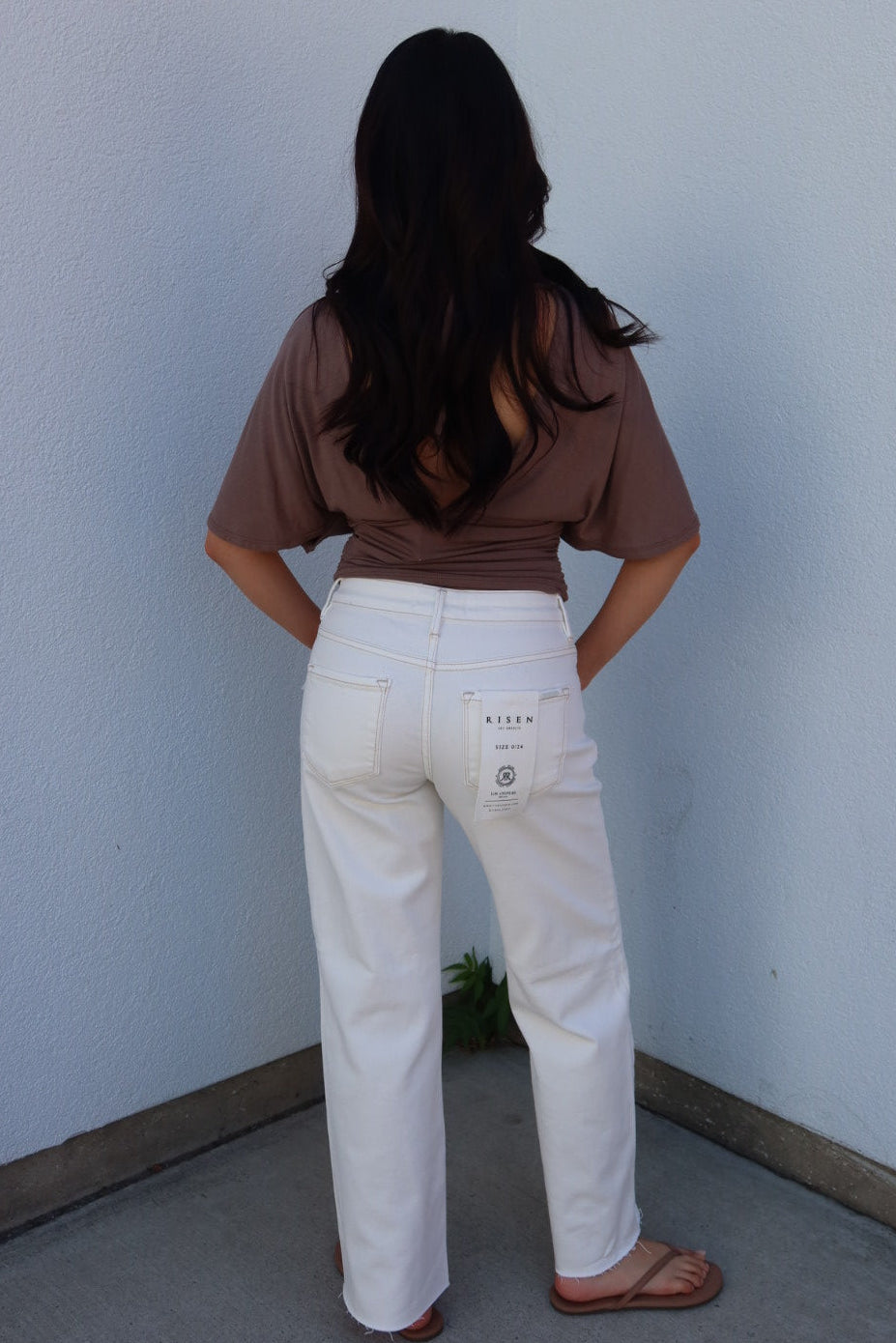 Risen Mid Rise Ankle Straight Raw Hem Pants — Cream