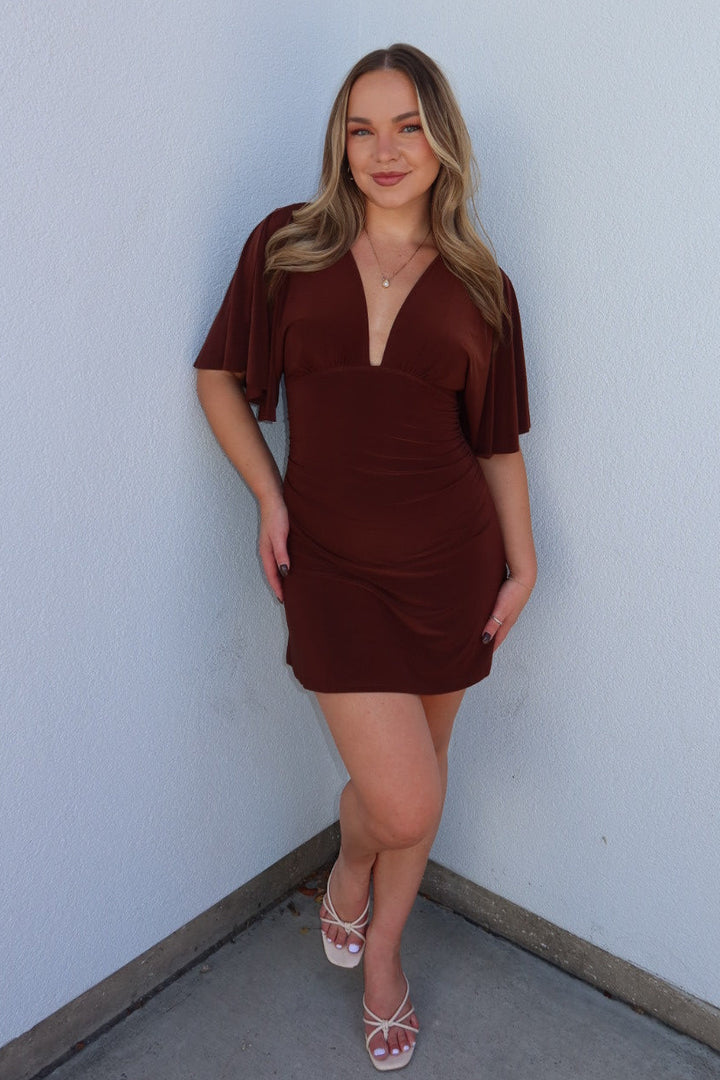 Durham V-Neck Ruched Mini Dress - Brown