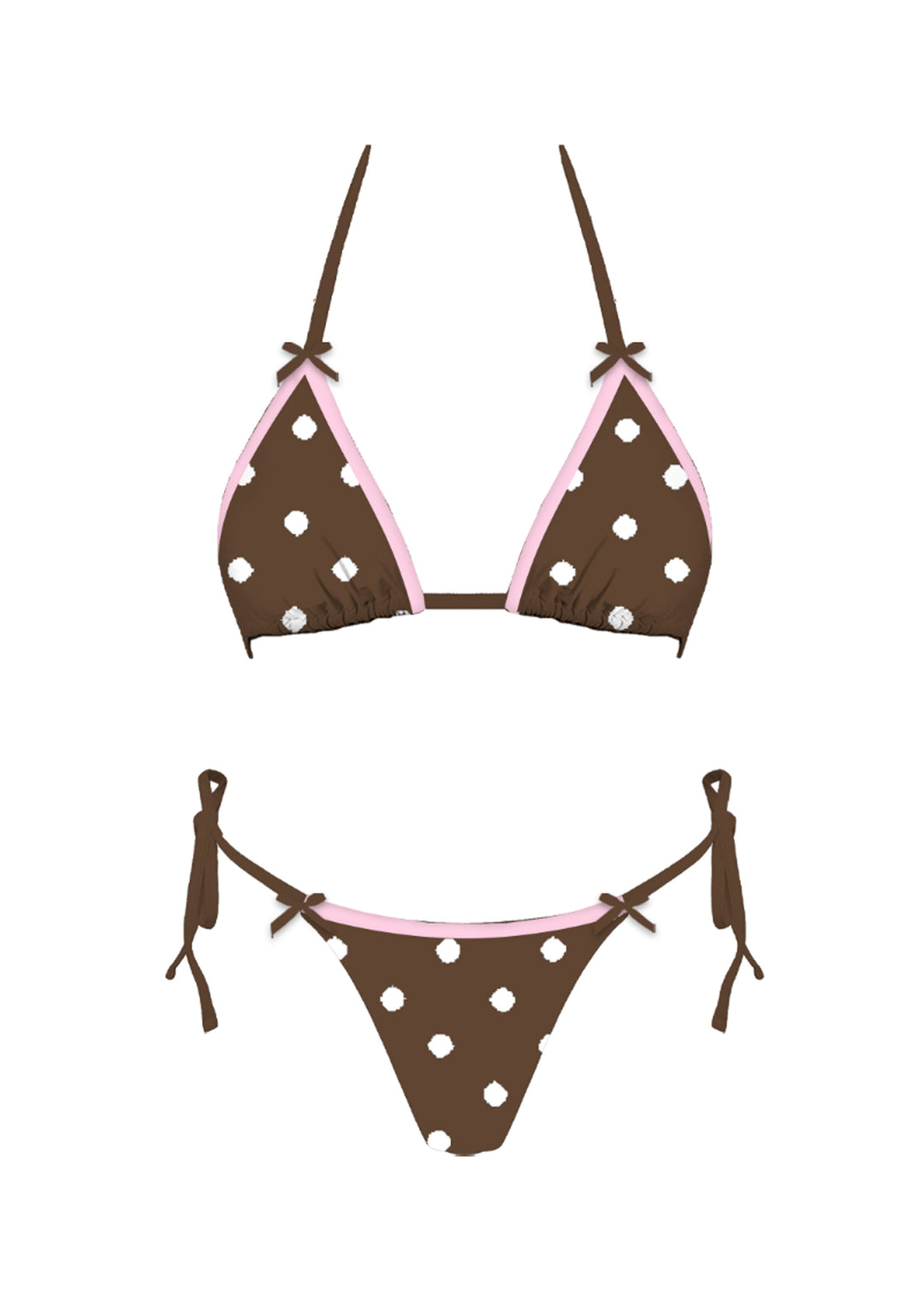 The Café Polka Bikini Set - Product Graphic Showing Chocolate Brown Polka Dot Triangle Top with Blush Pink Contrast Trim, Bow Details & Moderate Cheeky Tie-Side Bottoms