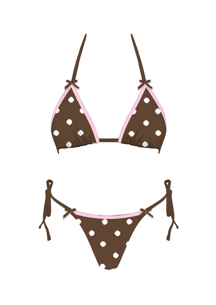 The Café Polka Bikini Set - Product Graphic Showing Chocolate Brown Polka Dot Triangle Top with Blush Pink Contrast Trim, Bow Details & Moderate Cheeky Tie-Side Bottoms