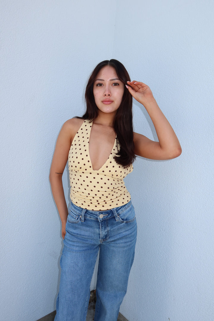 Polka Dot Deep-V Halter Crop Top
