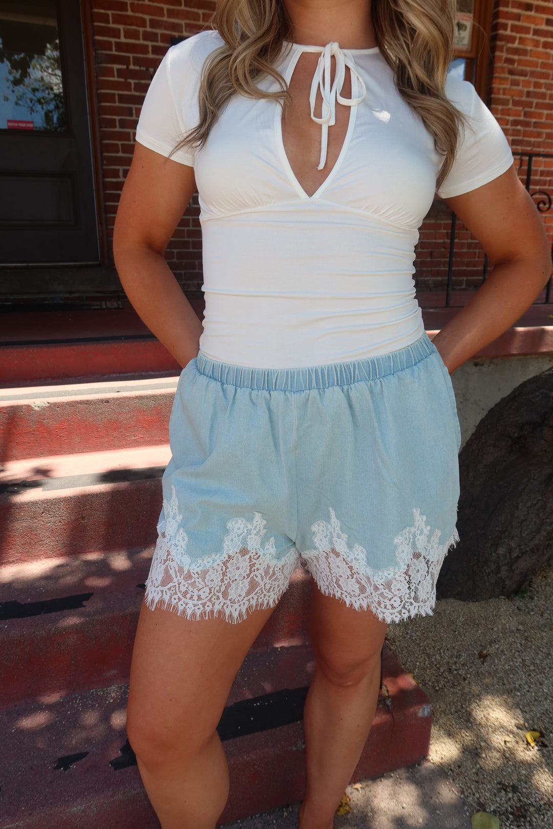 The Lace Trim Chambray Shorts