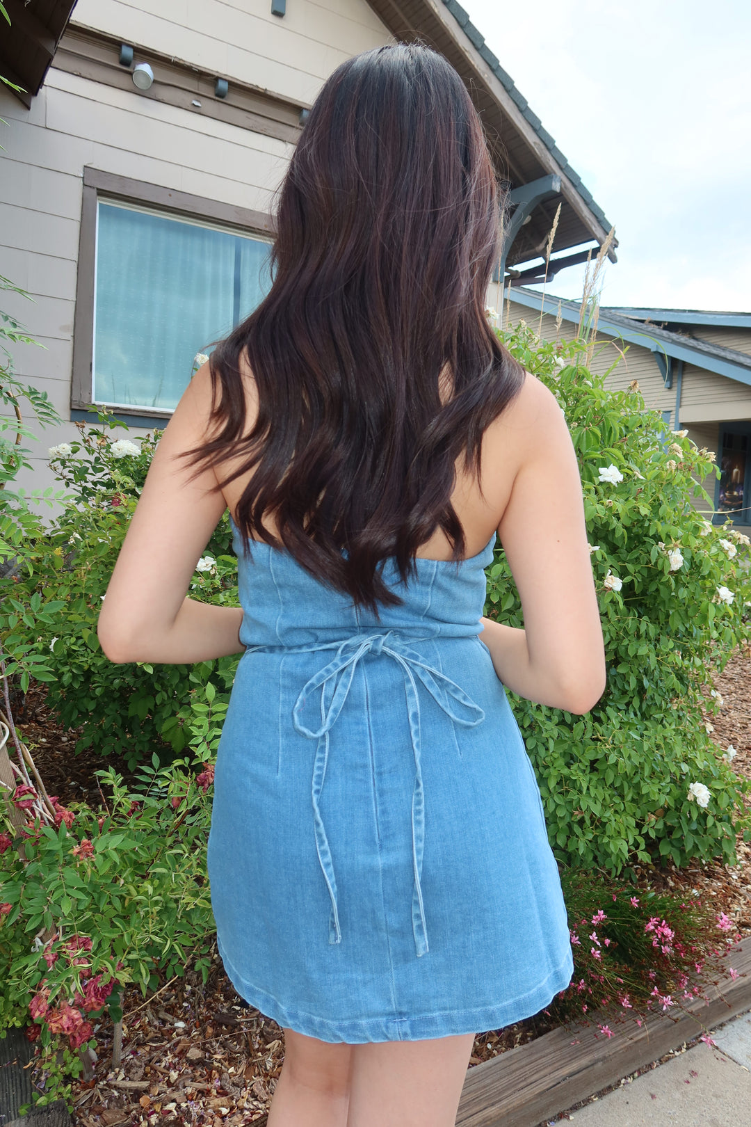 The Denim Bow-Back Tube Mini Dress
