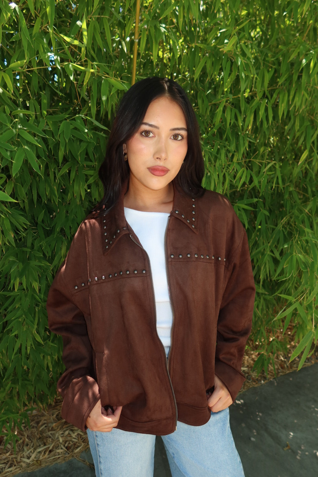The Suzanee Studded Suede Jacket — Dark Brown