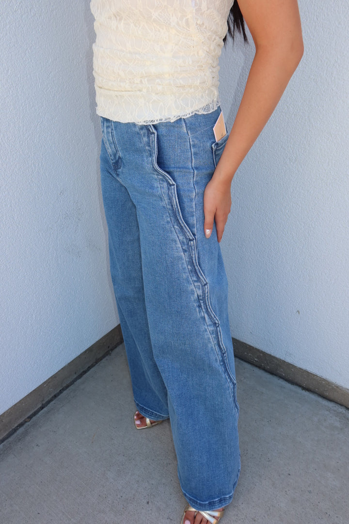 Risen Scalloped High Rise Wide Leg Jean — Medium Wash