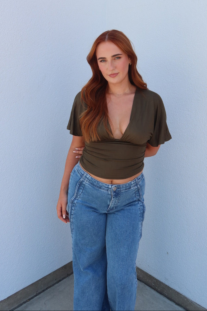 Simone Short Sleeve V-Neck Top - Olive