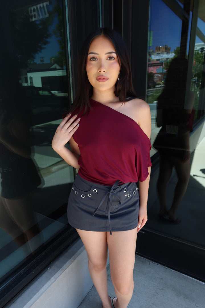 Almeda Asymmetrical Off-Shoulder Top — Burgundy