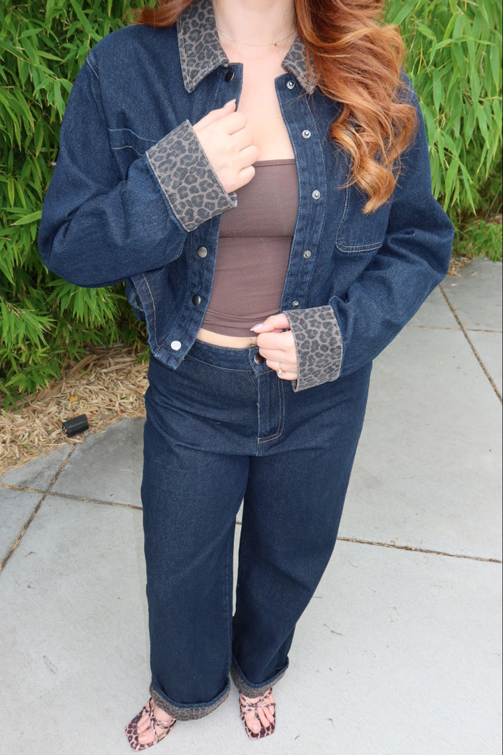 Leon Leopard Collar Denim Jacket — Dark Indigo