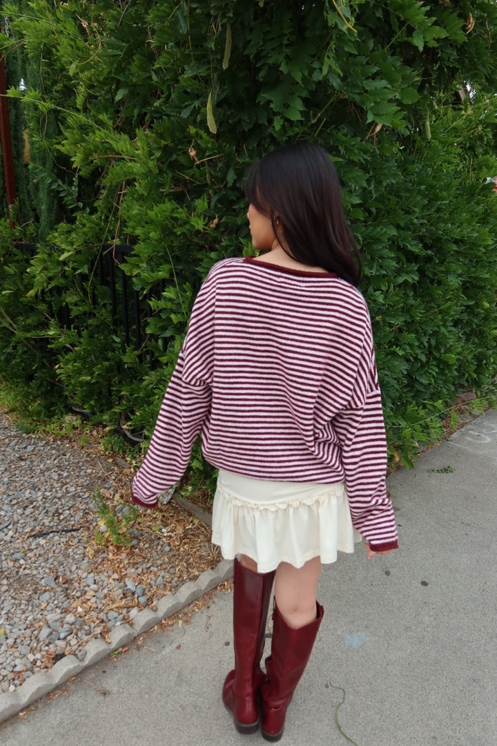 Kiera Striped Long Sleeve Cardigan — Burgundy