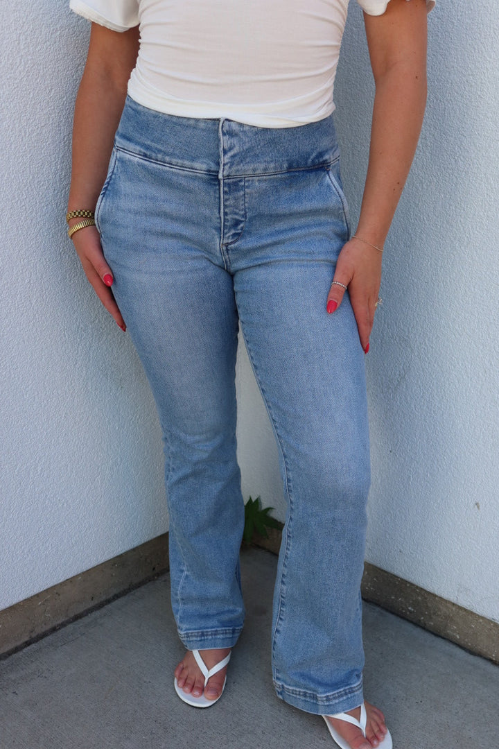 Risen Wide Waistband Flare Jeans