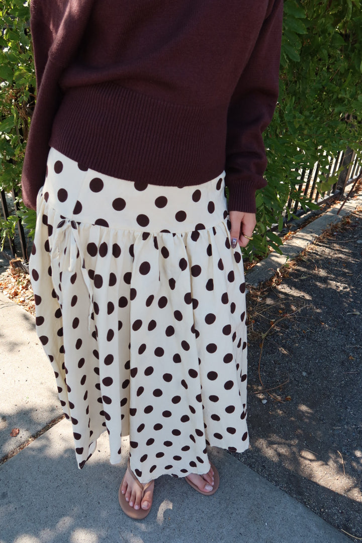 Cielo Polka Dot Drop Waist Midi Skirt