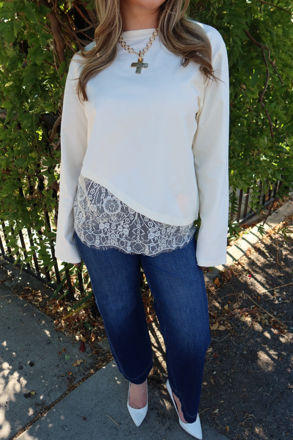 Charlie Asymmetric Lace Trim Top - Cream