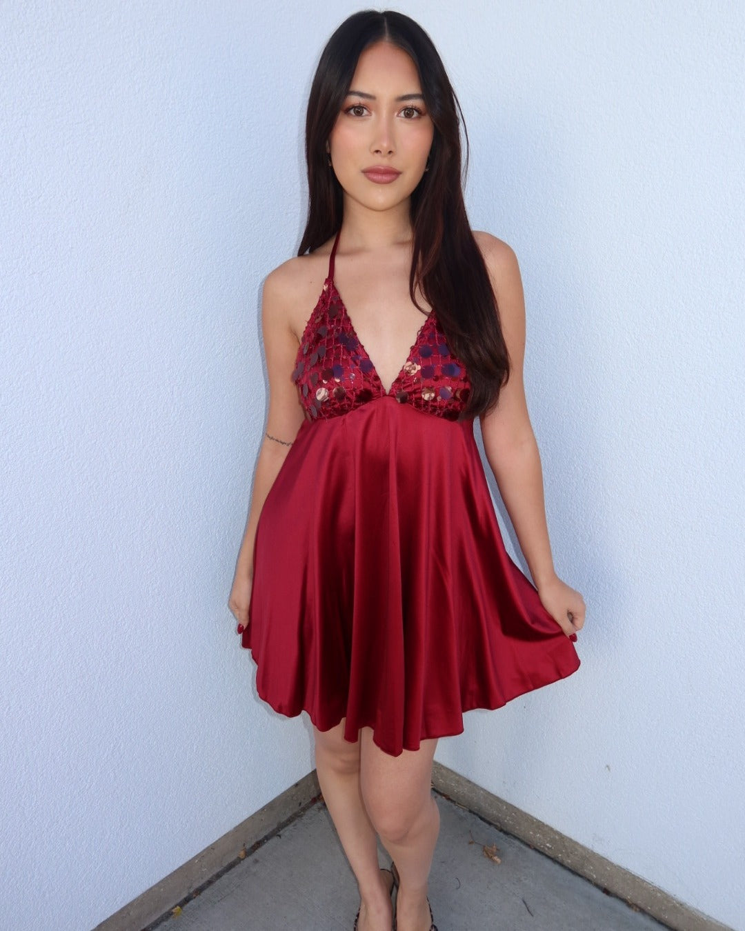 Sylvia Sequin Satin Halter Mini Dress - Burgundy