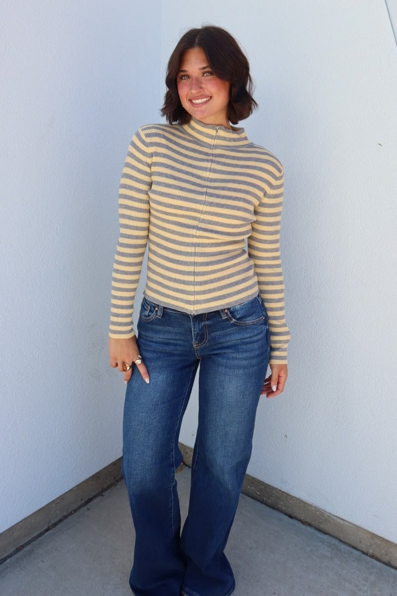 Flinn Striped Funnel Neck Zip-Up Sweater