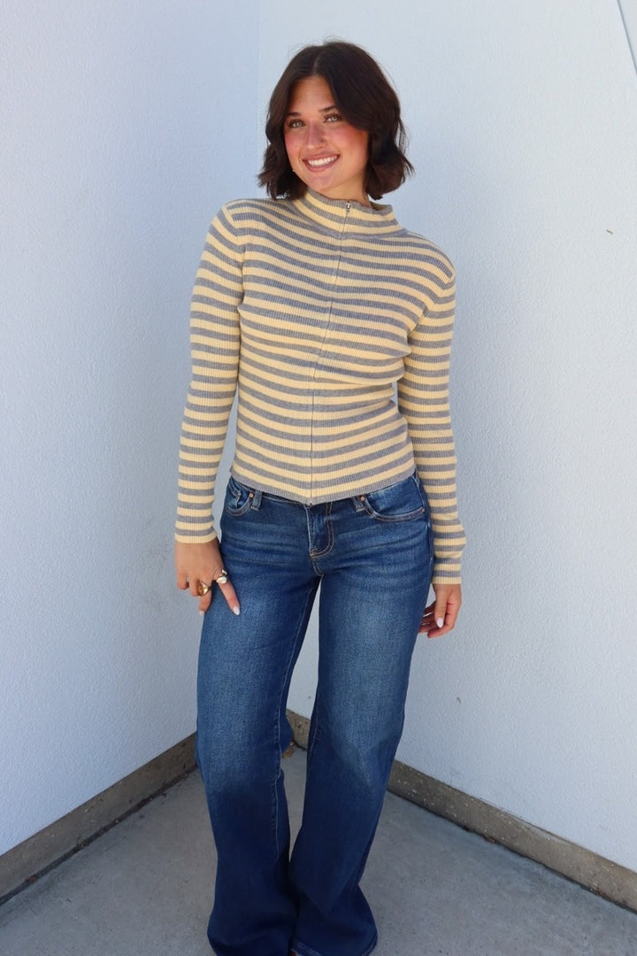 Flinn Striped Funnel Neck Zip-Up Sweater