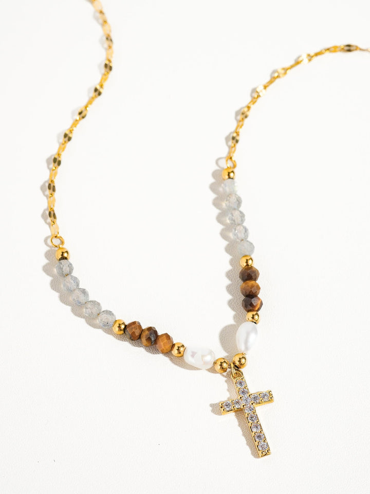 18K Gold CZ Cross Tiger Eye Bead & Pearl Necklace