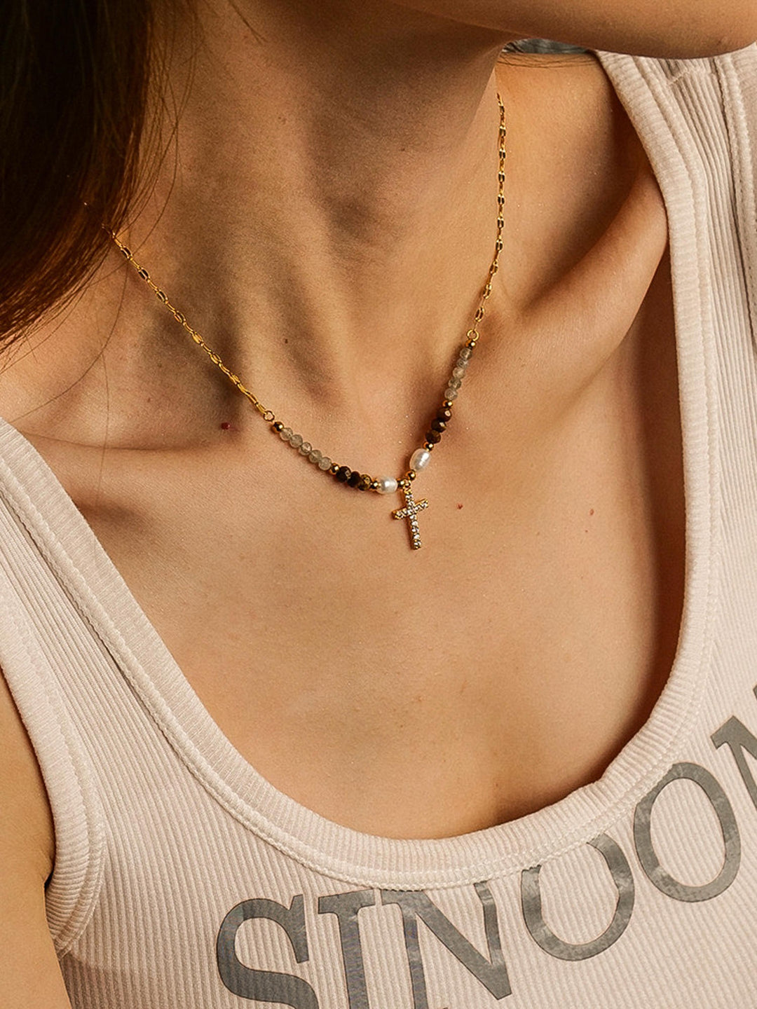 18K Gold CZ Cross Tiger Eye Bead & Pearl Necklace
