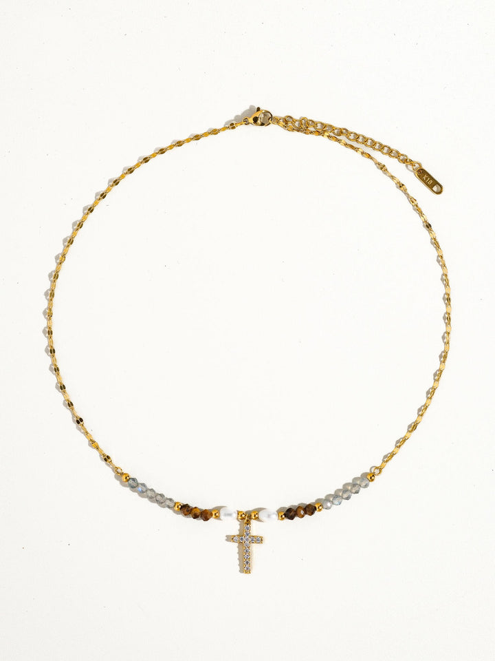 18K Gold CZ Cross Tiger Eye Bead & Pearl Necklace