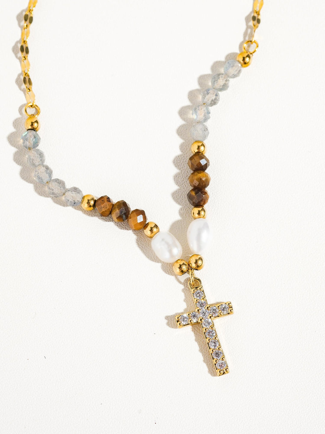 18K Gold CZ Cross Tiger Eye Bead & Pearl Necklace