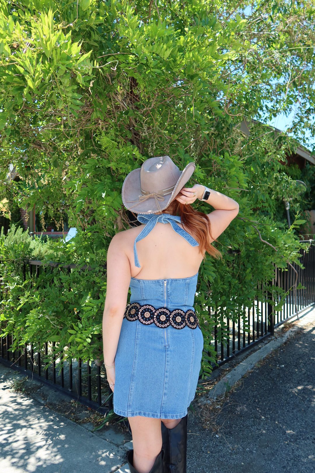 The Denim Bow Halter Mini Dress